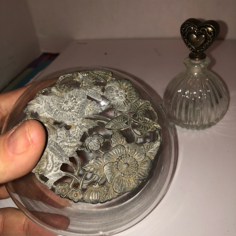 Glass Perfume Bottle with Heart Top and glass potpourri container- preloved
